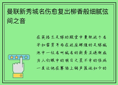 曼联新秀城名伤愈复出柳香般细腻弦间之音