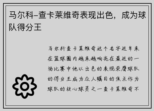 马尔科-查卡莱维奇表现出色，成为球队得分王